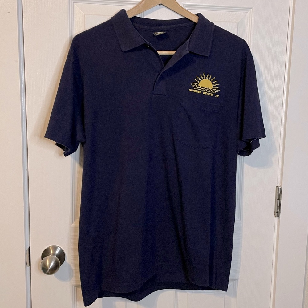 VTG ‘80s Anvil navy blue polo w/ pocket yellow Sunrise Beach TX graphic sz L